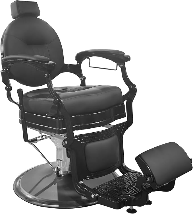 MYS Visionary 8829 Barber Chair, Hydraulic Salon Chair, Professional Hairdressing, Vintage Design, Stainless Leather, Black/Silver, 360° Rotation (Black)