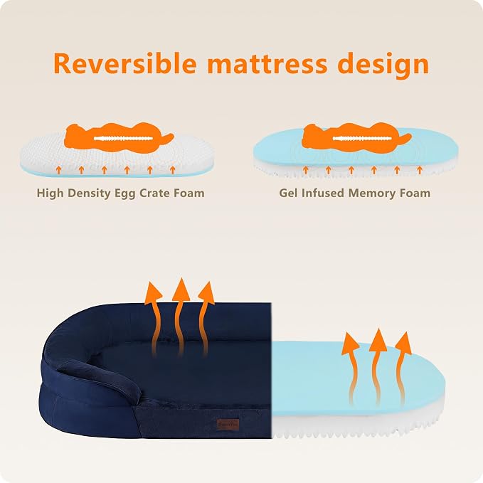 Dwanton Orthopedic Waterproof X-Large Dog Bed Sofa, Gel Memory Foam, 45" | Egg-Crate Foam Dog Sofa, Washable Pet Bed with Four Sided Bolster Cushion, Removable Cover & Non-Slip Bottom, Navy Blue