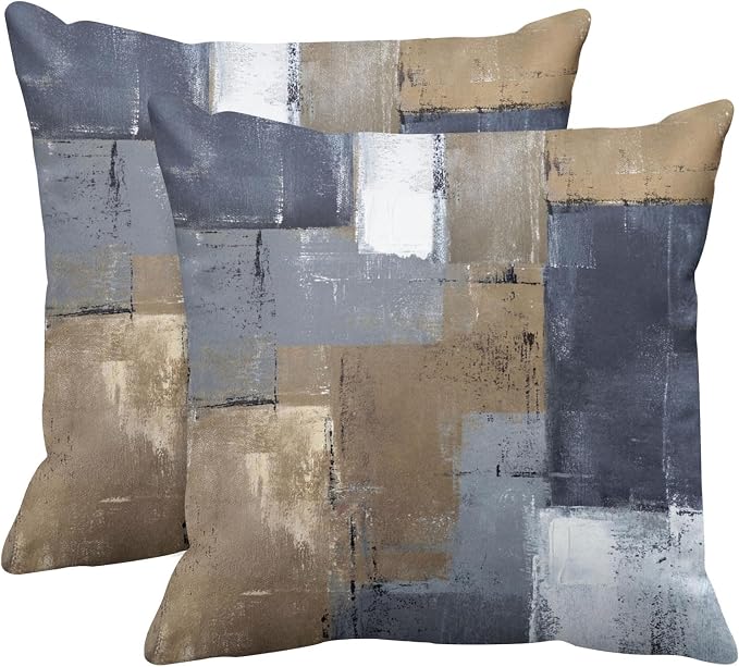 Throw Pillow Covers Set of 2, 18 x 18 Inch, Blue Brown Grey Taupe | Abstract Modern Art Outdoor Decorative Square Pillow Cases Couch Cushion Case for Couch Bed Sofa Living Room Home Decor