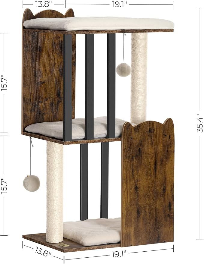 35.4in 3-Tier Modern Cat Tree Tower Condo, Cat Scratch Posts for Indoor Cats, Big Plate, Two Full Sisal Scratching Posts, Rustic Brown