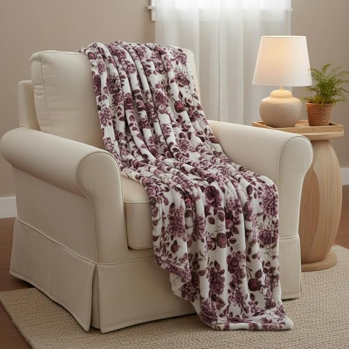 Floral Fleece Throw Blankets: Soft Plush Flower Garden Accent for Sofa Couch, Blush Pink Blue Purple Burgundy White