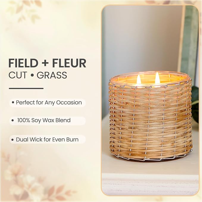 Cut Grass Scented Candle – 12oz Luxury Soy Wax, 2-Wick in Handwoven Glass Jar, Fresh-Cut Wisteria and Jasmine - 75+ Hour Clean Burn, Made in USA