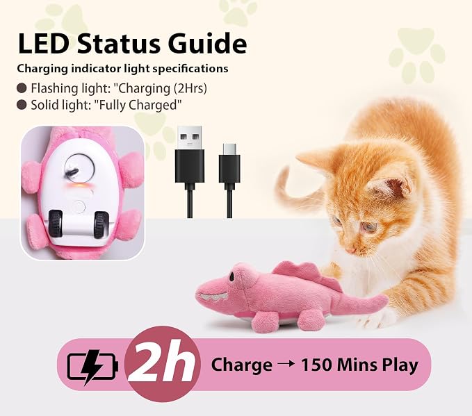 Interactive Cat Toys for Indoor Cats – Auto Moving Alligator with 360° Random Movement & Tail Wagging, Rechargeable Cat Exercise Toy with Catnip, Self-Play Fun for Bored Adult Cats-Pink