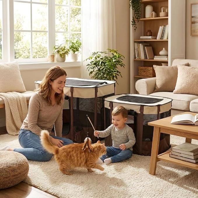 Paw Ballet 2-in-1 Dual-Zone Pet Playpen for Cats & Small Dogs, Portable Indoor Outdoor Pet Enclosure with Connected Rest & Feeding Areas, Foldable Pet Tent with Carrying Bag