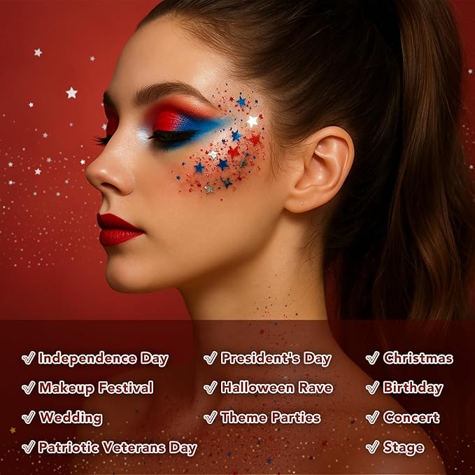 Red White Blue USA Flag Face Body Glitter, Pride Glitter Gel for Hair Nail Art, Holographic Chunky Sequins for Independence Day Patriotic Accessories 4th of July Festival Celebrations for Women