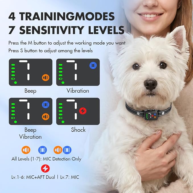 Bark Shock Collar for Small Dogs 5-30lbs, Ultra-Lightweight 1.4 oz Smart No Bark Collar with Sound, Vibration & Optional Static Correction, Anti-False Trigger, Rechargeable & IPX7 Waterproof