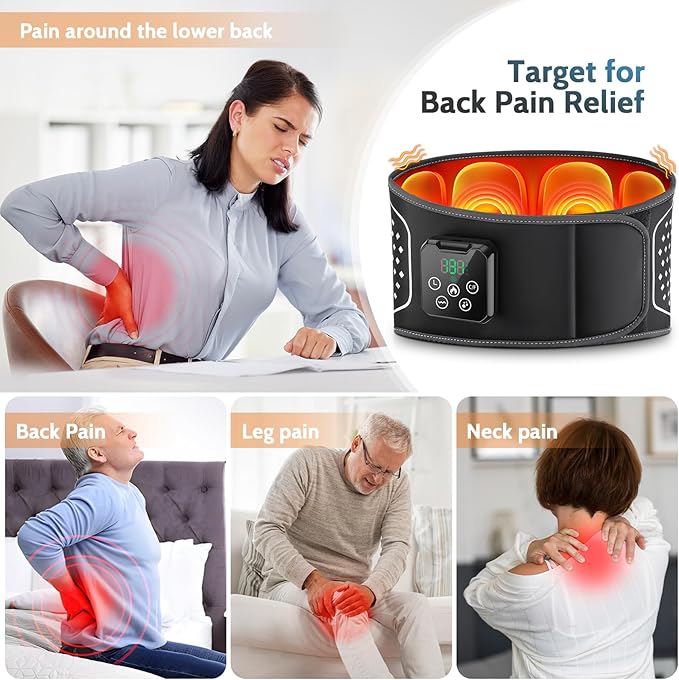 Electric Heating Pad with Massage,Cordless Heated Lower Back Massager,3 Vibration Modes and 4 Heat Levels,3 Airbag Modes,Portable Lumbar Belt Massager for Pain Relief Deep Tissue,Gift for Men&Women