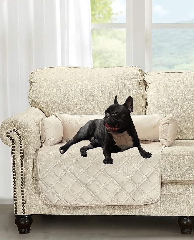 Brilliant Sunshine Beige Natural Velvet Dog Sofa Slipcover, Medium | Calming Pet Couch Bed with Removable & Washable Cover, Funiture Protector & Bed Mat for Dogs, Pets, Cats, 30"×32"×8"
