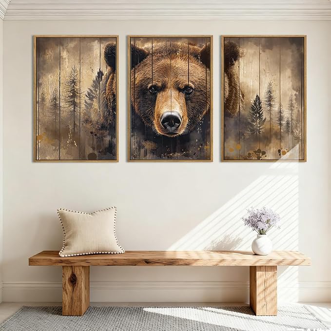 ANHUIB Vintage Brown Bear Canvas Wall Art 16x24 Inch Framed Forest Woodland Paintings Rustic Farmhouse Wildlife Wall Decor Set of 3 for Living Room Bedroom Dining Room