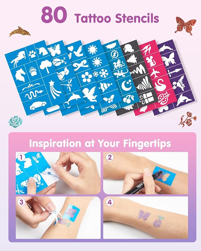 Lictin Temporary Tattoo Markers for Skin, 16 Colors Dual-End Skin Tattoo Pens with 80 Tattoo Stencils, Matte & Metallic Body Markers for Kids Teens and Adults, Flexible Brush Tip, Cosmetic-Grade