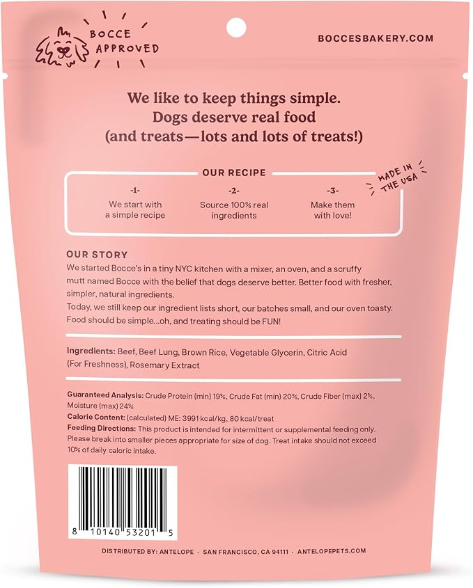Bocce's Bakery Beefin' Up Protein Jerky Dog Treats, Beef (5 oz) | High-Protein, Wheat-Free, Limited-Ingredient Treats with No Added Salt or Sugar - Baked in The USA