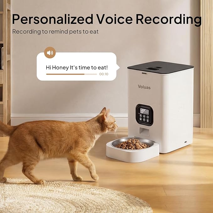 VOLUAS Automatic Cat Feeder, 4L Timed Dry Food Dispenser for Cats & Dogs | Programmable Portion Control, Up to 4 Meals Daily, Dual Power Supply, Power-Off Memory, 10-Second Voice Recorder