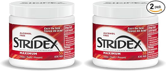 Stridex Medicated Acne Pads, Maximum – Facial Cleansing Wipes, Alcohol Free, Acne's Treatment for Face, For Moderate Acne, Smooth Application, 55 Count (Pack of 2)