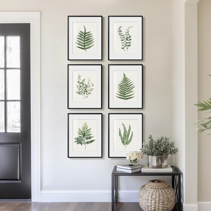 Framed Modern Green Tropical Fern Botanical Wall Art, 6 Piece 11x14 In | Leaf painting, Plant leaves wall decor, Plexiglass with mat prints, Ready to hang artwork, Living room bedroom pictures