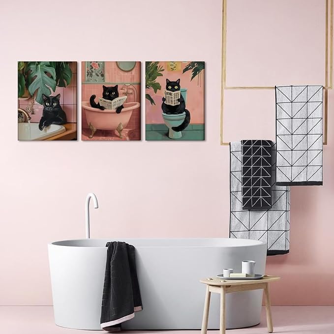 Funny Pink Bathroom Cat Wall Art Painting Set of 3 Maximalist Cute Black Cat Bathroom Wall Decor, Eclectic Animal Restroom Poster Canvas Prints Pictures 16x24 inch Framed
