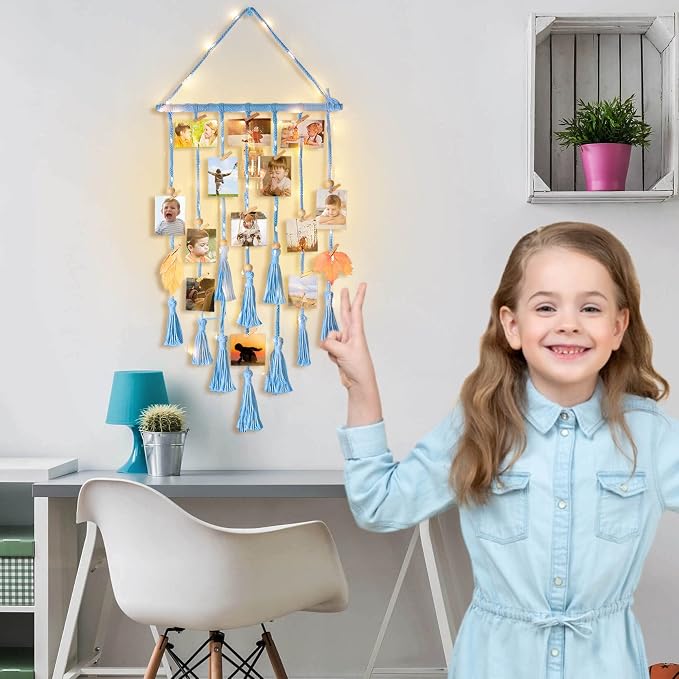 Hanging Photo Display Wall Decor, Blue Macrame Hanging Boho Room Bedroom Decor, Picture Frame Collage with Light & 30 Clips, Christmas Teenage Teen Girl Gifts Ages 10 11 12 13 14 Years Old