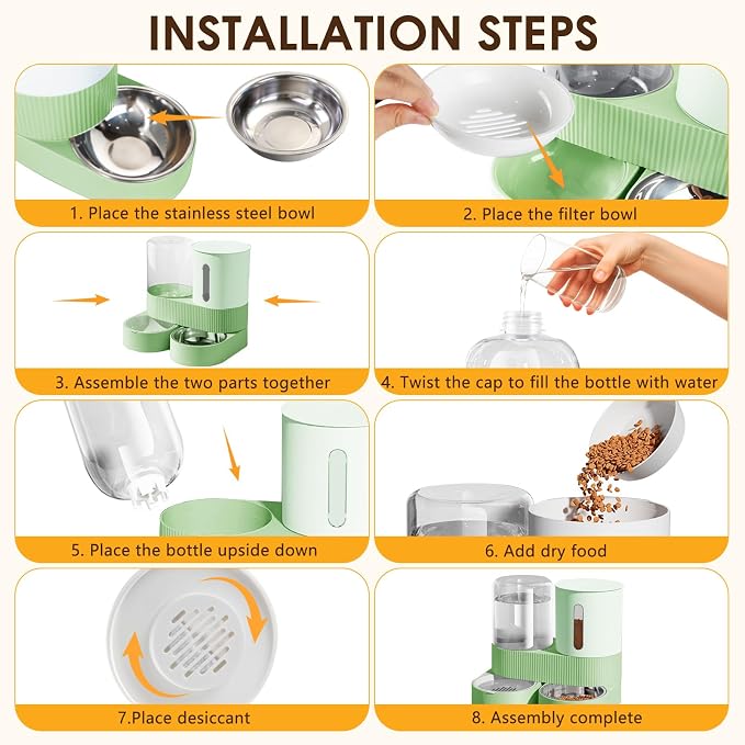 2 in 1 Automatic Gravity Cat Dog Feeder and Water Dispenser with 304 Stainless Steel Bowls, 360 Degree Rotatable Auto Food with 2 Specialized Brushes for Small Medium Pet Dog Puppy Kitten (Green)