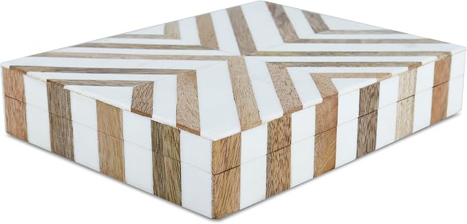 Handicrafts Home White Decorative Storage Box with Lid Wooden Desk Organizer Box Office Storage Box for Workspace Desk Decor Organizer – Resin Inlay Marquet Chevron Collection - 6x8x1.5