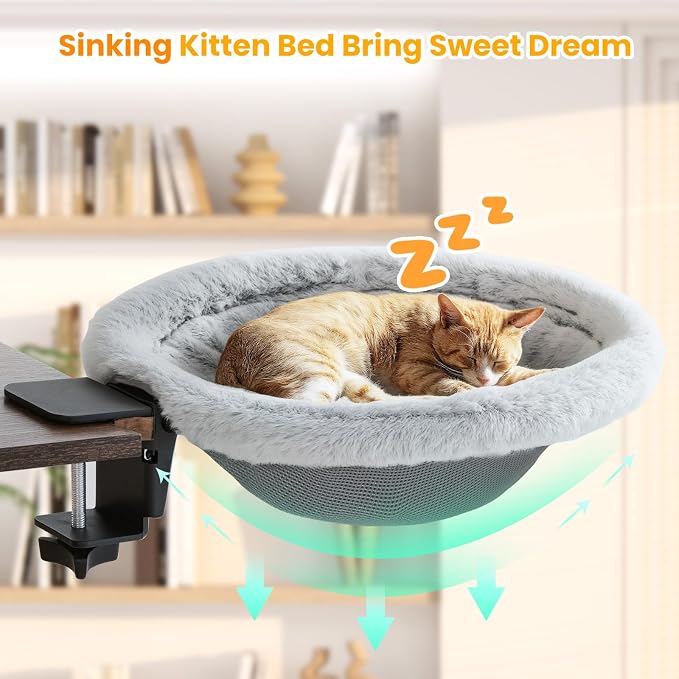 Pawaboo Cat Desk Bed, One-Click Foldable Sunken Cats Hammock up to 40lbs | Cat Side Table Beds with Soft Plush, Reversible & Washable Hanging Cats Bed with Steel Clamp for Game Office Home Desktop