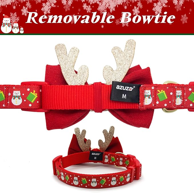 azuza Christmas Pet Collar Adjustable Xmas Dog Collar with Christmas Antler Bow tie Accessories Snowman Dog Collar for Puppy and Small Dogs