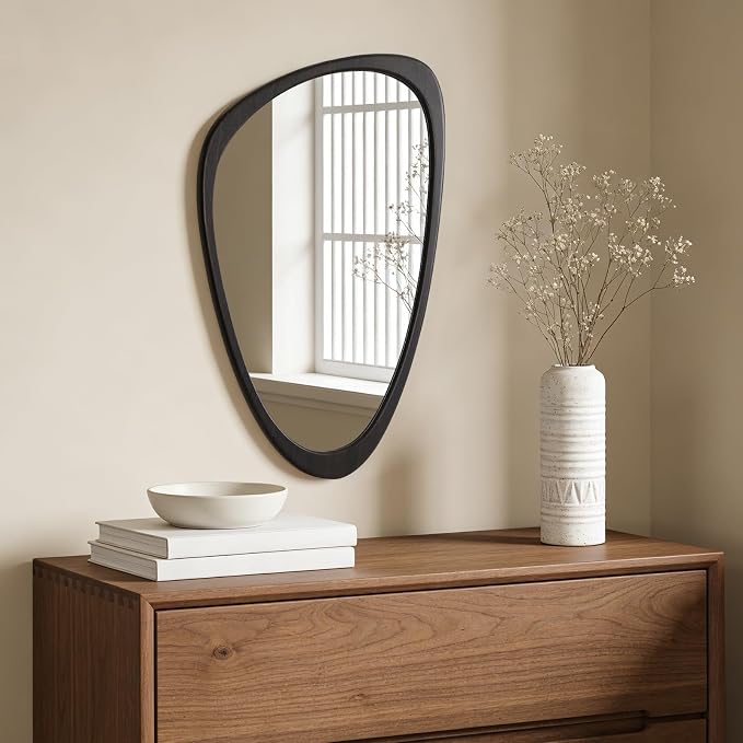 Asymmetrical Mirror, Irregular Wall Mirror, Wall Mirrors Decorative for Bedroom Living Room Entryway Hall, Wood Mirror for mid Century Modern Decor 30" H x 19" W, Dark Brown