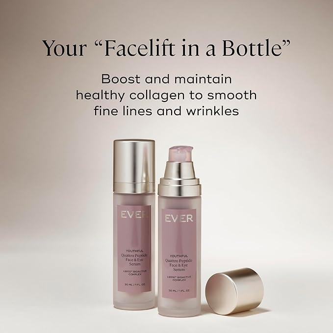 EVER Youthful Quattro Peptide Face & Eye Serum with LSR10 — 1 FL OZ — Firming, Smoothing Treatment For Lines Around Eyes, Mouth and Face