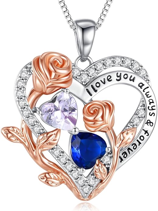 I Love You Birthstone Necklace, 925 Sterling Silver Heart Pendant with CZ Diamond Stones, Birthday Gifts for Women, Romantic Gift for Wife, Girlfriend, Her, Anniversary, Valentine's Day, Christmas