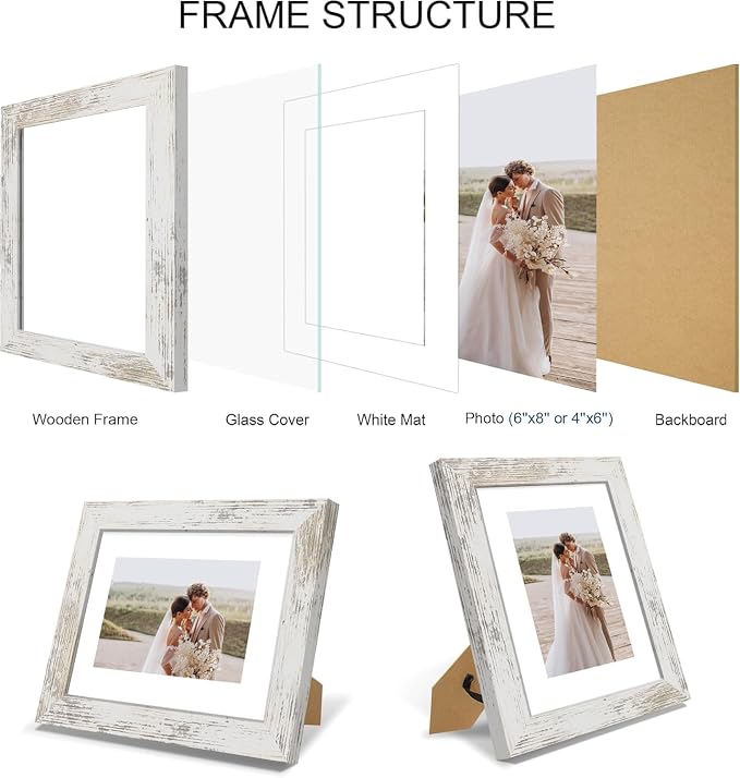 Hongkee 6x8 Picture Frame Set of 4, Made of Real Glass and Multicolour Frame - Display Picture 4x6 with Mat or 6x8 Without Mat, 6 by 8 Photo for Wall or Tabletop
