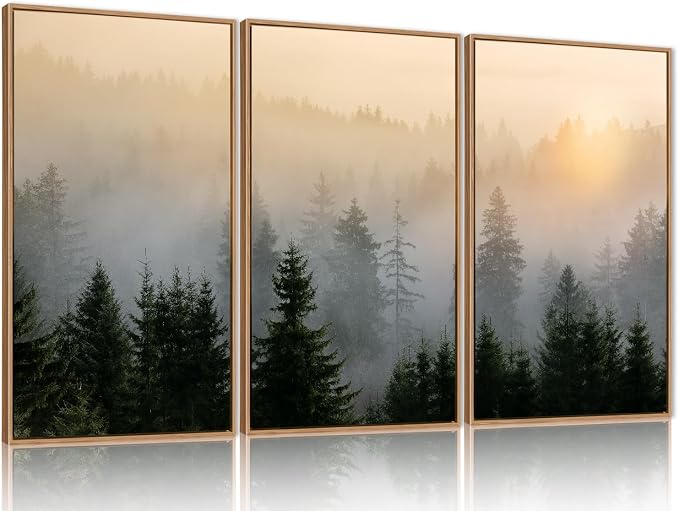 FWIEXA Misty Forest Wall Art Canvas Set, Framed Mountain Wall Decor, 3 Piece Nature Wall Painting, Foggy Pine Tree Landscape Artwork, 16x24 Inches Green Pictures for Living Room, Bedroom, Office, Gift
