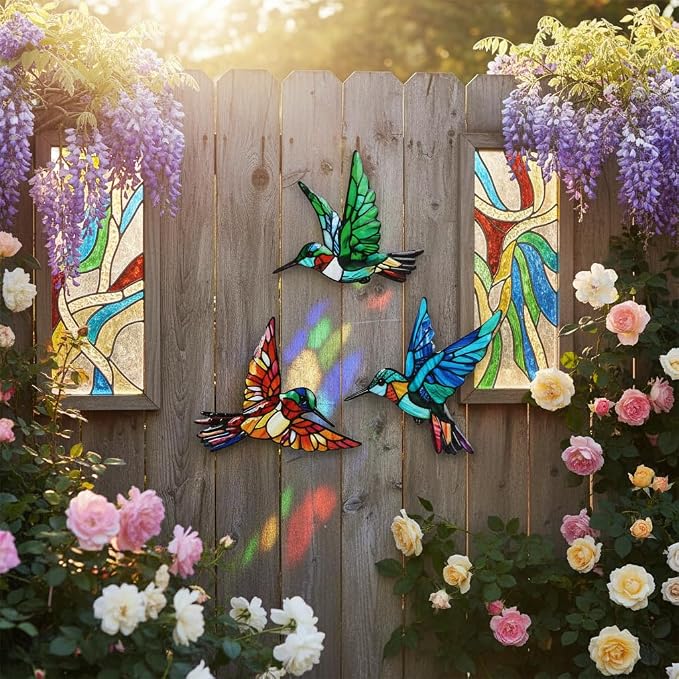 VEWOSTAR 3 Pcs 3D Metal Hummingbird Wall Art | Colorful Birds Outdoor Fence Wall Art Decor, Holiday Garden Decor,Metal Bird Wall Decor for Modern Farmhouse Rustic Home