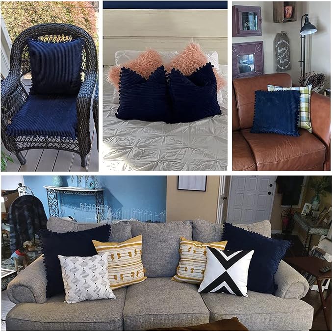 Fancy Homi Pack of 2 Corduroy Soft Decorative Throw Pillow Covers with Pom-poms, Solid Square Cushion Case Pillow Cases Set for Couch Sofa Bedroom Car Living Room (16x16 Inch/40x40 cm, Navy Blue)