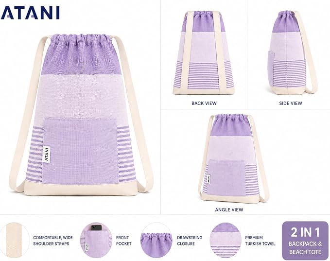 ATANI Turkish Beach Towel (71x39 Inches), Converts to a Bag, Oversized 100% Cotton Bath Towels Lightweight Quick-Dry Beach Blanket for Travel, Picnic, Camping, Yoga and Pool (Lavender)