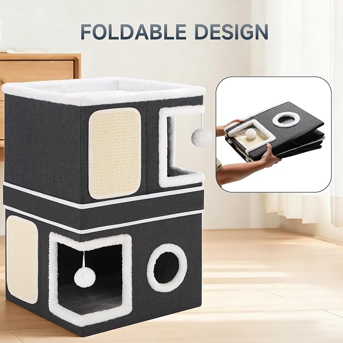 Shikha 2 Story Cat House beds for Indoor Cats with Scratch Pads Black | 2 in 1 Dual Use Double Cat Bed Cave for Multiple Pets Kitten, Elevated Perch for a Wide View, All Season Reversible Cushion