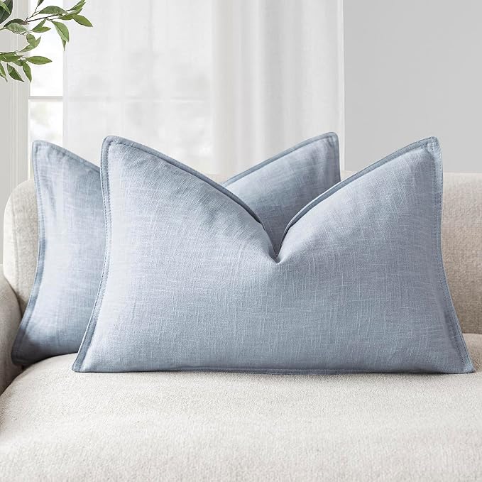 Foindtower Pack of 2, Decorative Linen Solid Throw Pillow Covers Soft Accent Lumbar Cushion Case Boho Farmhouse Pillowcase for Chair Couch Sofa Bedroom Living Room Home Decor 12 x 20 Inch Sky Blue