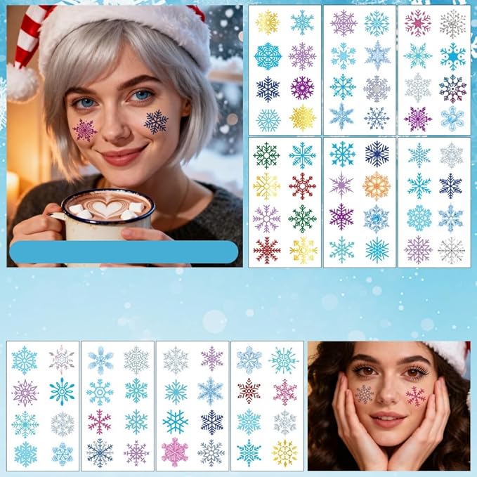 Christmas Temporary Tattoos Winter Snowflake Face Stickers Christmas Snow Tattoos Mixed Styles Glitter Eye Fake Tattoos Cute Waterproof Frozen Stickers for Girls Body Art Makeup 10 Sheets
