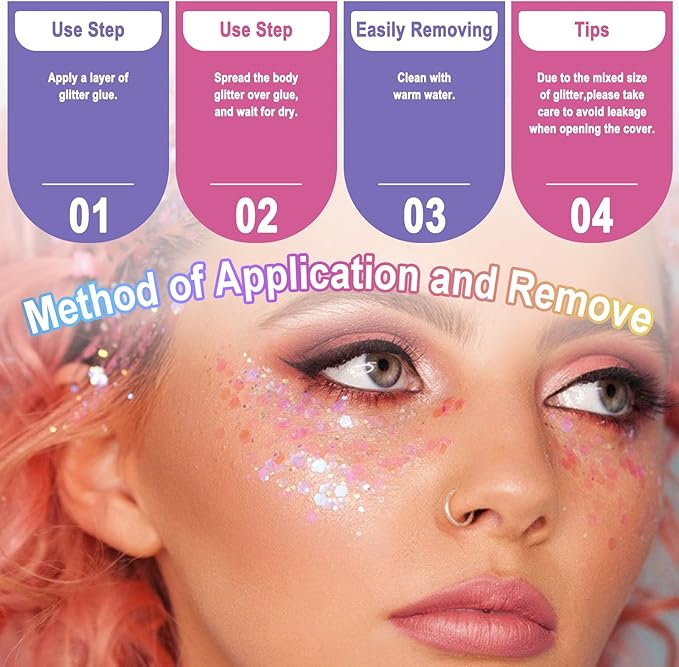 Laza 2 Jars Body Glitter for Valentine’s Day Hair Accessories Heart Glitter Chunky Sequins with Glitter Glue for Women Eyeshadow Makeup Face Paint Festival Rave Outfits Party Costumes - Crush