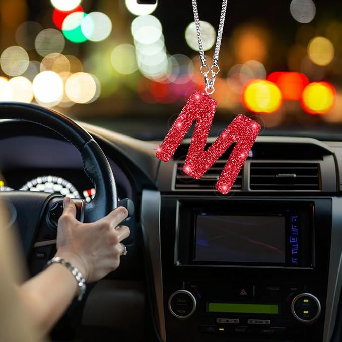 Red Bling Mirror Hanging Accessories, Diamond Crystal Rhinestone Letter M Car Hanging Ornament, Cute Lucky Bling Car Charm for Women (Red,M)