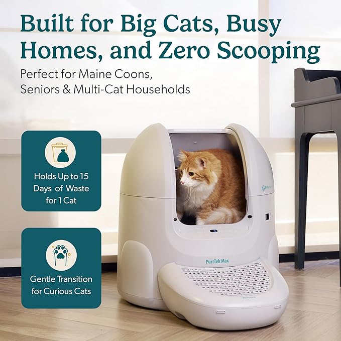 Petcove PurrTek Automatic Litter Box Self Cleaning 5GHz Wi-Fi, Odor Control | Quiet Operation with App Sealed Waste Bin, Advanced Safety Sensors, Auto Smart Self Cleaning Cat Litter Box for Multiple Cats