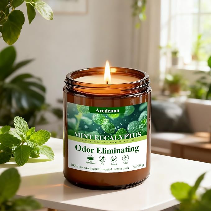 Mint Eucalyptus Odor Eliminating Candles | Eliminates 95% of Pet, Smoke, Food, and Other Smells Quickly – 7 oz Soy Candle for Home Scented - Air Freshing Scented Candles Gifts for Women Men