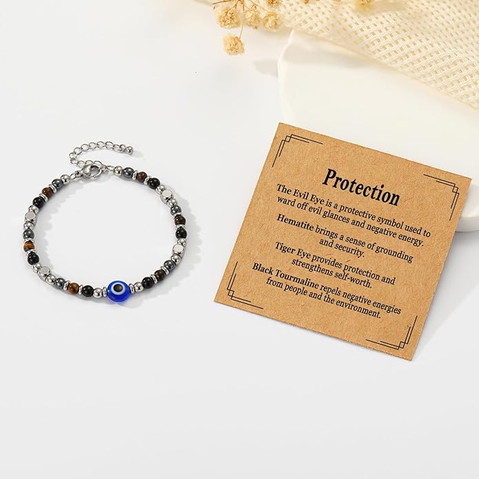 Natural Healing Crystal Bracelet for Women, Triple Protection Anxiety Relief New Beginnings Good Luck Empath Protection Jewelry Gift for Friends Daughter Mom 6.5+1.8 Inches