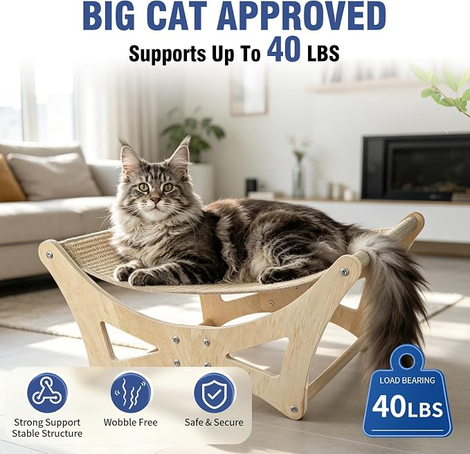 Cat Hammock Bed for Large Cats, Elevated Wooden Bed with Natural Sisal Scratching Mat, Cozy Lounge with Soft Cushion, Supports Up to 40 LBS, Modern Indoor Furniture