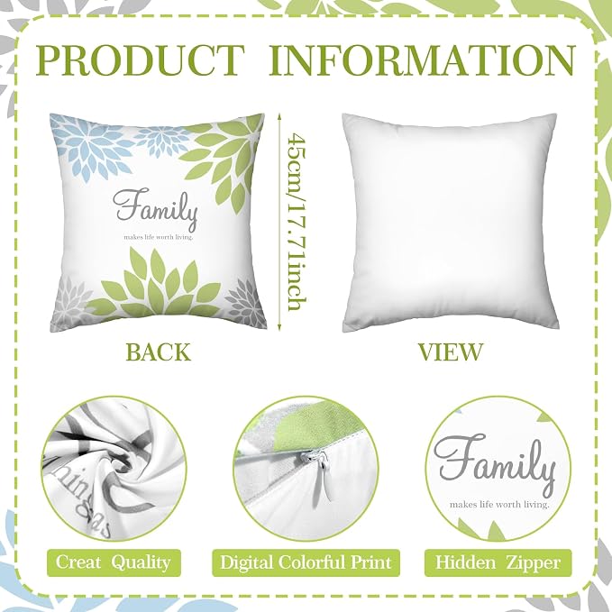 Tatuo 4 Pcs Flower Pillow Covers Square Summer Pillow Cushion Cases 18 x 18 Inch Family Faith Hope Love Words Decorative Spring Winter Cushion Case for Bed Couch Sofa Living Room(Green Series)