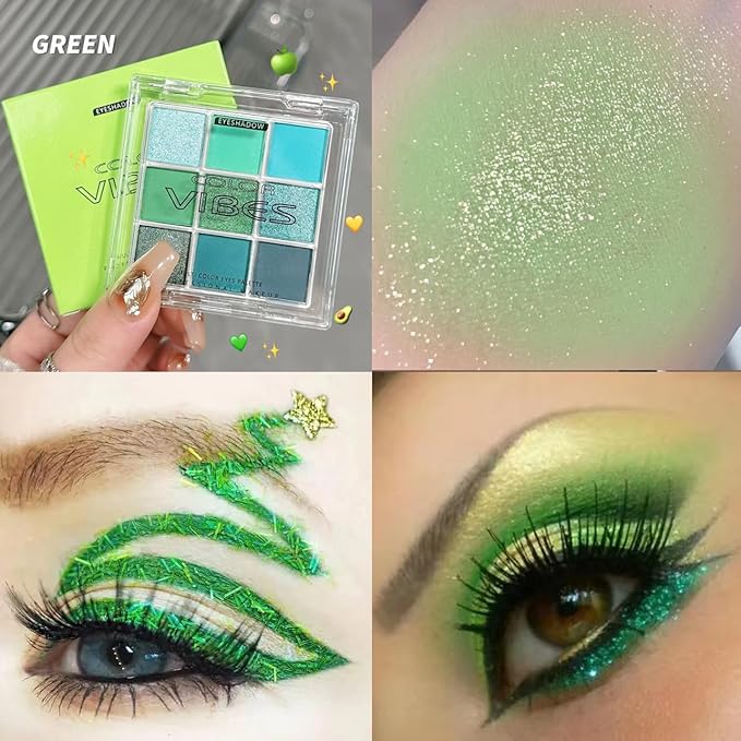 9 Colors Green Glitter Matte Eyeshadow Makeup Palette, Elphaba Witch Costume Eyeshadow Makeup, Highly Pigmented Bright Neon Dark Green Eye Shadow for Fairy Joker Goth Wicked Halloween Parties Makeup