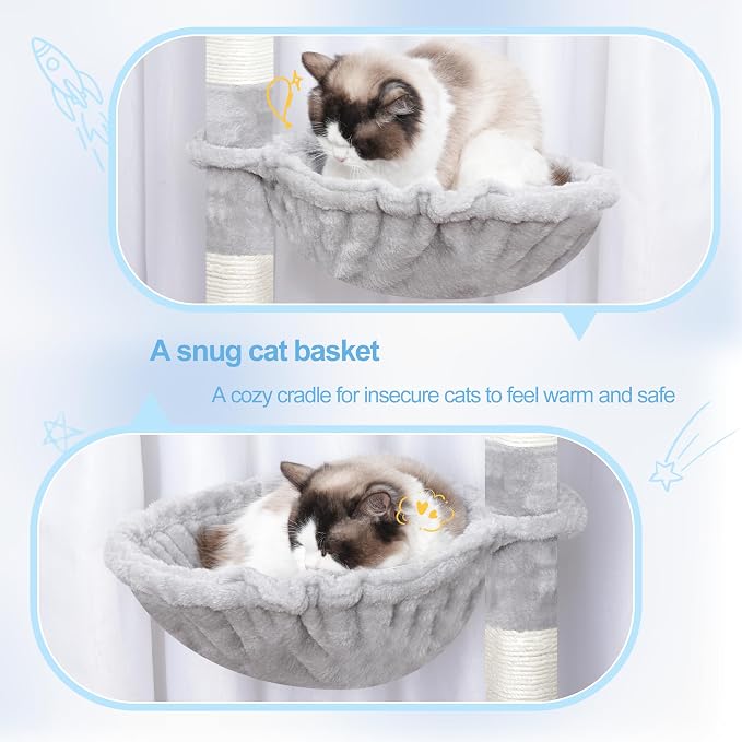 Hey-brother Cat Tree Tower with Stable Extended Base, 3 Platforms, MPJ038W | 70.9 Inches Multi-Level Sisal Scratching Posts, Wide Bed, 2 Cozy Condos, 2 Hammocks, Toy Balls for Indoor Cats, Light Gray