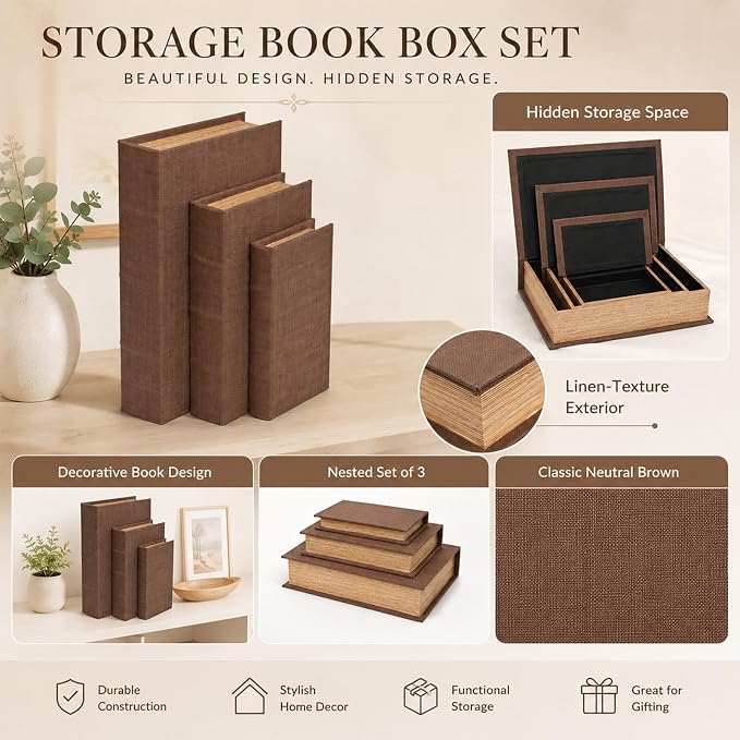 DECOR4SEASON Decorative Linen Book Box Small Faux Book Storage Box, 13" | Living Room Decor, Bedroom Decor, Office Decor, Bookshelf Display, Coffee Table, Farmhouse, Rustic, Vintage Style
