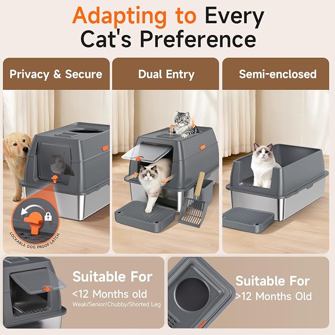 XL Enclosed Stainless Steel Litter Box with Lid, Dark Gray | covered, High Sided, Rustproof & Leak Proof, Easy Clean, Odor Control, Includes Scoop & Step