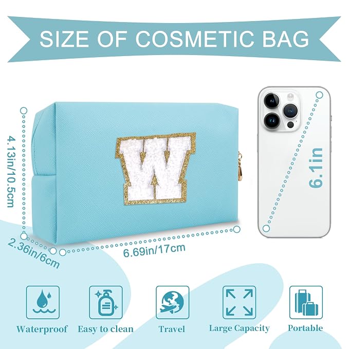 Small Personalized Initial A-Z Preppy Patch Makeup Bag,PU Chenille Letter Travel Cosmetic Pouch with Zipper,Blue Cute Toiletry Bag,Gift Ideal for Teen Girls Women Teacher Bridesmaid,Letter W