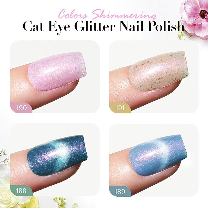 AZUREBEAUTY Magnetic Cat Eye Nail Polish Set – 2 Cat Eye & 2 Glitter Colors with Top Coat, Chrome Shimmer Gel Effect, Quick Dry Long Lasting DIY Nail Kit for Salon Home