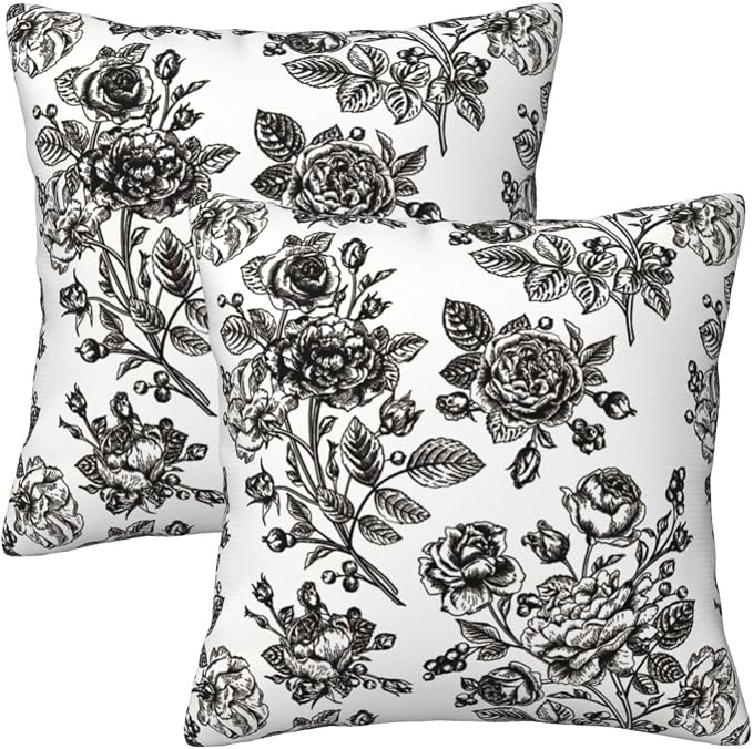 Black White Vintage Floral Throw Pillow Covers 18x18 Inches Set of 2 Farmhouse Square Cushion Cases