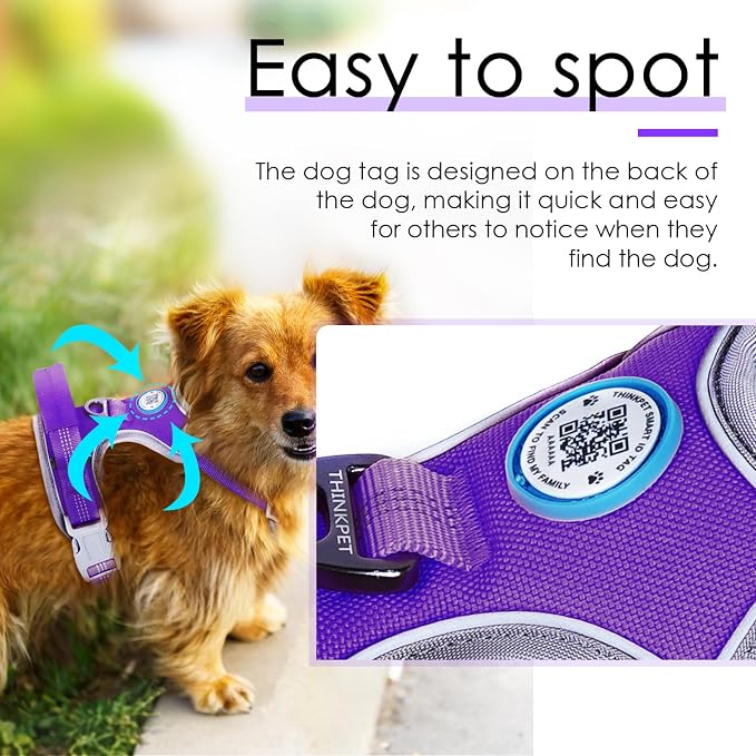 ThinkPet No Pull Harness Breathable Sport Harness with QR Code Dog Tag Reflective Dog Harnesses Smart ID Tagwith Handle Adjustable for Medium Large Dogs Back/Front Clip for Easy Control M Purple
